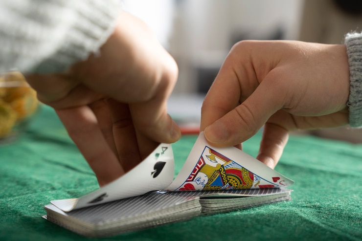 manos mezclando cartas de poker