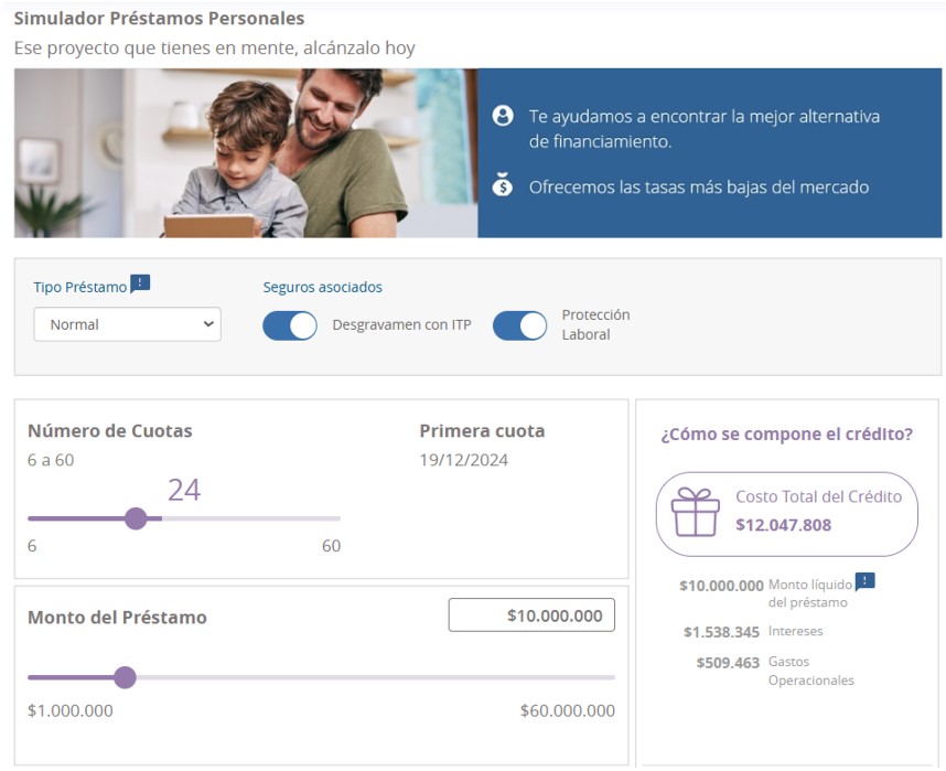 Calculator cuota de préstamos Banco BICE